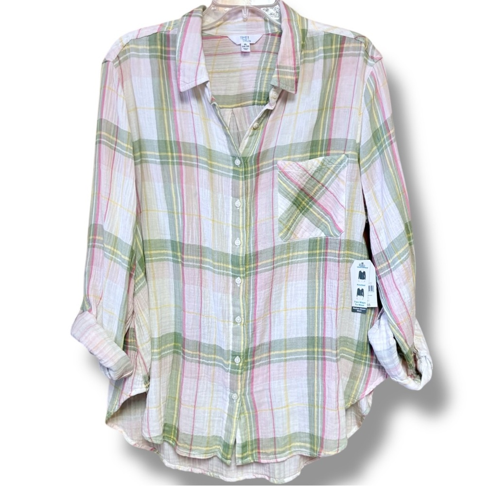 Time And Tru Pink Plaid Button Down Shirt XL Roll Tab Sleeve Cotton